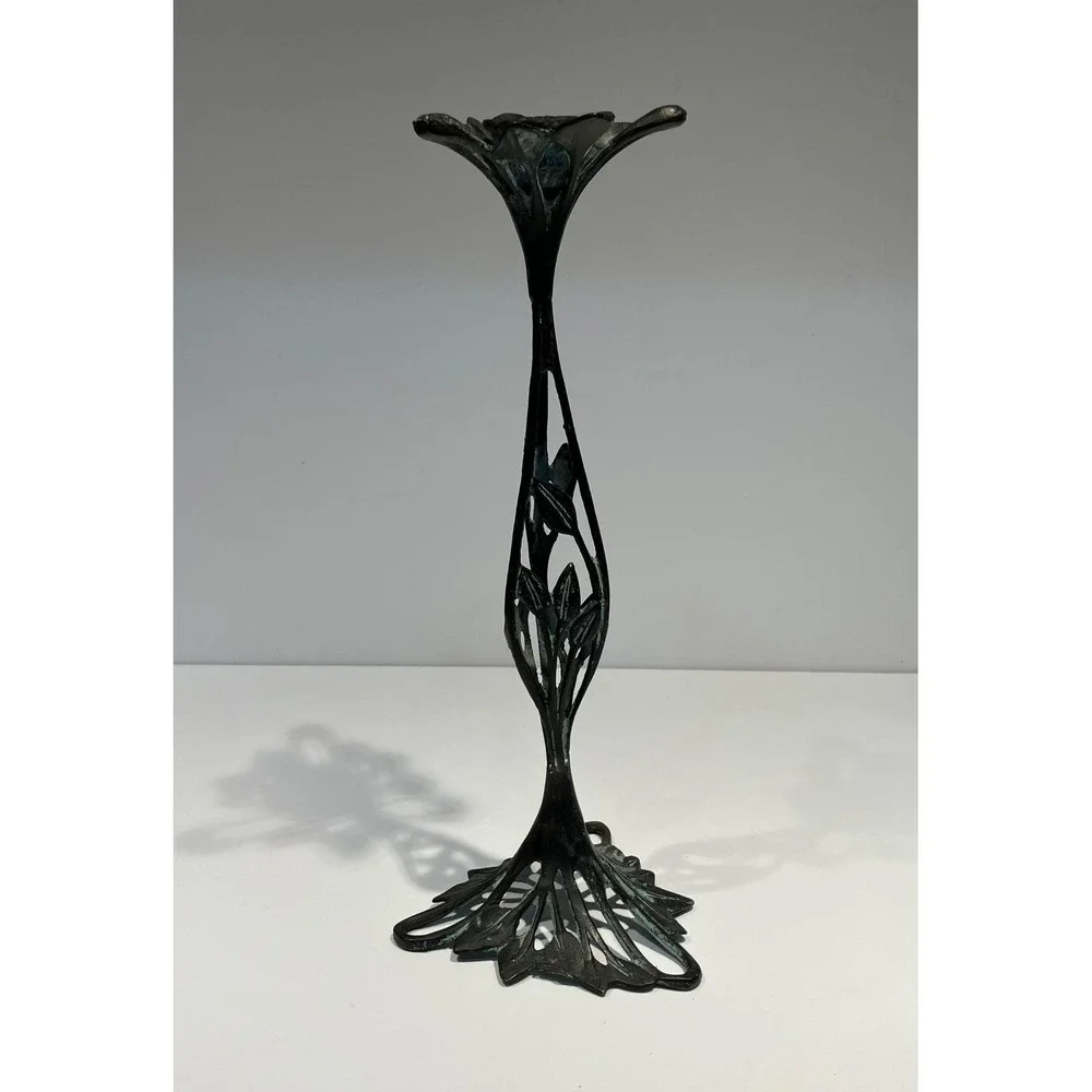 Vintage Art Nouveau Bronze Verdigris Floral Candlestick Holder 12 Inch Openwork